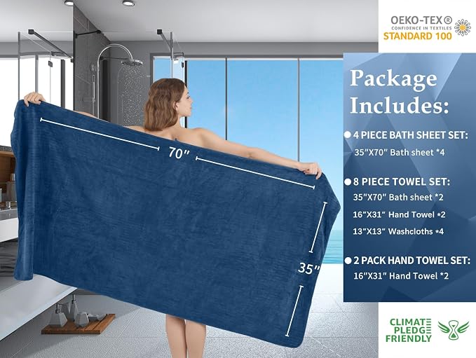 Extra Large Bath Sheet Set of 4,Ultra Soft Fluffy Towel,35”x 70”Oversized Bath Towel Set,Premium Microfiber Bathroom Towel Set Highly Absorbent Quick Dry Shower Towel for Bathroom,Hotel,Spa (Navy) - Image 5