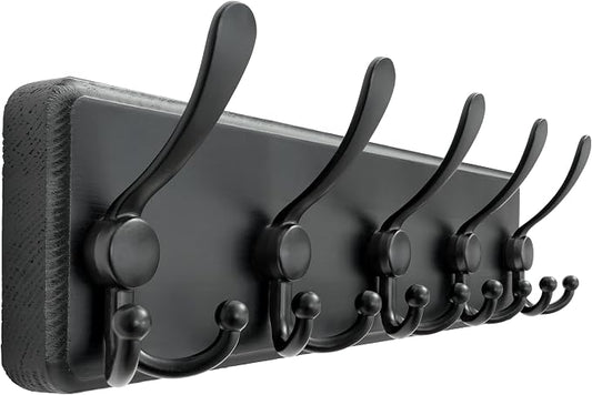 Dseap Coat Rack Wall Mounted - 5 Tri Hooks, Heavy Duty, Wooden Wall Coat Hanger Coat Hook for Clothes Hat Jacket Clothing, Black by Dseap
