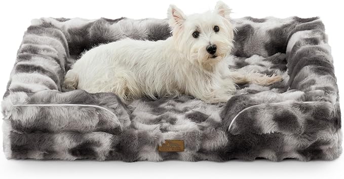 COZY KISS Orthopedic Dog Bed for Large Medium Size Dog, Soft and Warm Faux Fur Sofa for Pet Up to 75 lbs, Foam Bolster Anti-Slip Couch with Washable Removable Cover, L 36x27x6.5 inch, Tie Dye Grey by COZYKISS