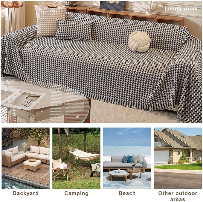 ROOMLIFE Thicked Checkered Boho Black Couch Cover for 2-3 Cushion Sofa, Chenille Sofa Slipcovers Sectional Sofas Covers for Dog, Non Slip Washable Furniture Protector Soft with Tassel 71''X118'' - Image 6