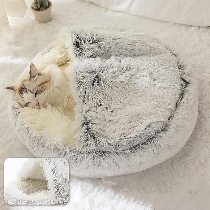 Keep Warm Lapcatz Nest Bed, Cat Bed Round Fluffy Hooded Cat Bed Cave, Anti-Slip Bottom and Machine Washable,Removable Washable Round Beds for Small Medium Pets (Coffee,100cm/39.4inch) - Image 2