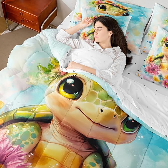 Erosebridal Kids Sea Turtle King Size 7-Piece Bedding Set, Marine Life Tortoise Bed in A Bag, Summer Blue Coastal Comforter Set with Sheets, Colourful Florals Bedding Comforter Sets - Image 7