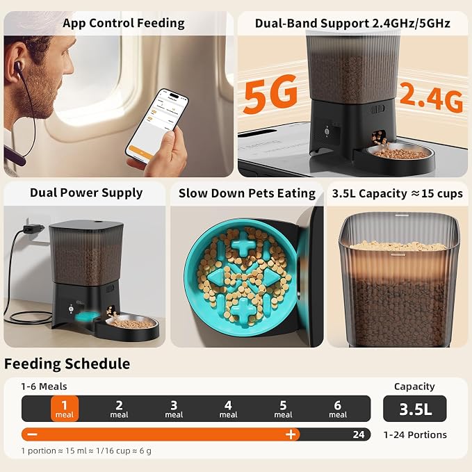 HoneyGuaridan Automatic Cat Feeder, 5G WiFi Cat Food Dispenser with App Control, Timed Feeder with Stainless Steel Bowl and Slow Bowl, Desiccant Bag - Image 4