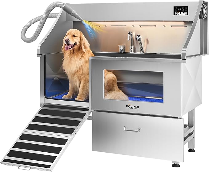 POLIMO Dog Washing Station with Built-in Pet Dryer and LED Display 61" (Left Ramp), 304 Stainless Steel Dog Bathtub for Large Medium Small Dogs, Wash and Dry Grooming Tub with Faucet, Storage Drawer by BathTimeMadeEasy
