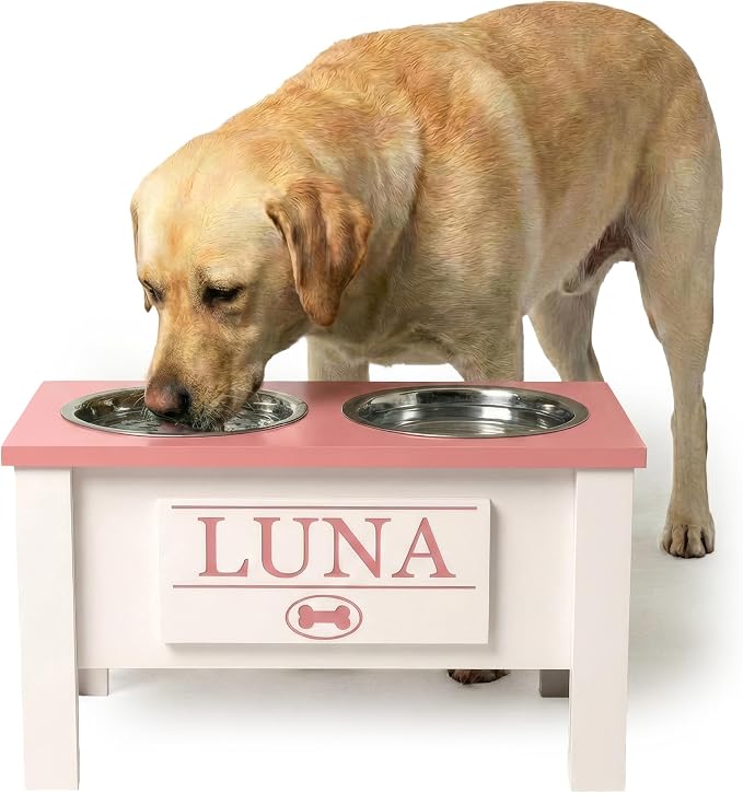 Elevated Dog Bowls for Large Dogs, Personalized Food Stand for Large Breed | Farmhouse Style, Elevated Wood Stand, Storage Container, Stainless Steel Bowls, Raised Anti-Slip Feeder, Made in USA by GrooveThisWoodshop