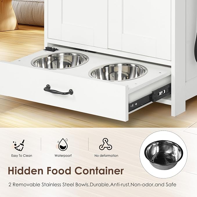 Pet Feeding Station Storage Cabinet with Bowls and Rack, Adjustable Panel,Pet Feeder Station for Dogs Cats for Feeding & Watering Supplies with 2-Level Shelving - Image 5