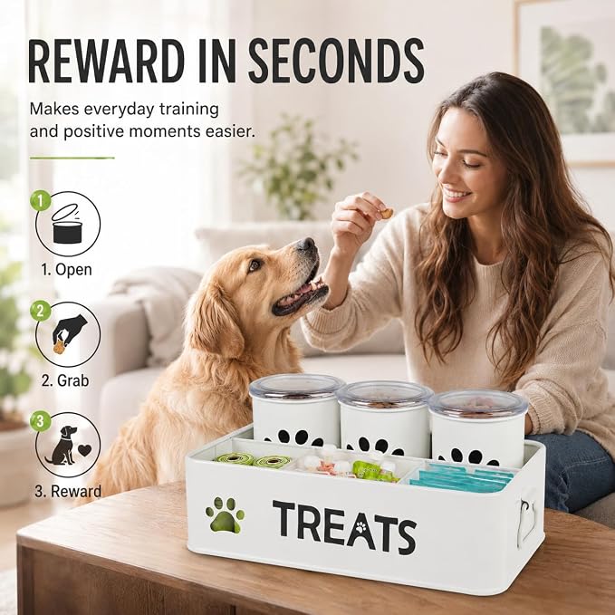 Dog Treat Organizer, 3 Pack 28 Oz Metal Dog Treat Containers with Airtight Lids, Dog Treat Jars and Canister Set for Countertop, Pet Food Treats Station for Dog Cat Biscuits, Kibble(White) - Image 3