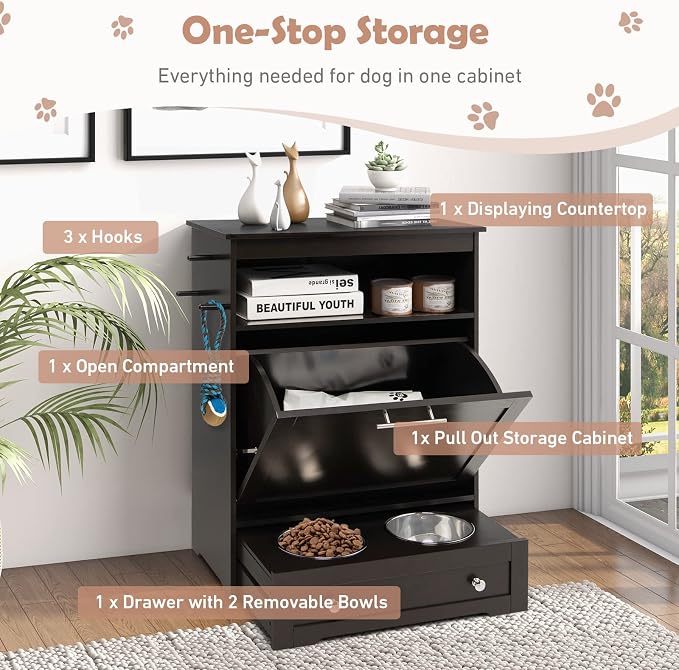 Dog Food Cabinet Feeding Station with 2 Raised Bowls, Pull Out Elevated Dog Bowl, Storage, 3 Hangers, Pet Feeder Toy Leashes Organizer, Brown - Image 3