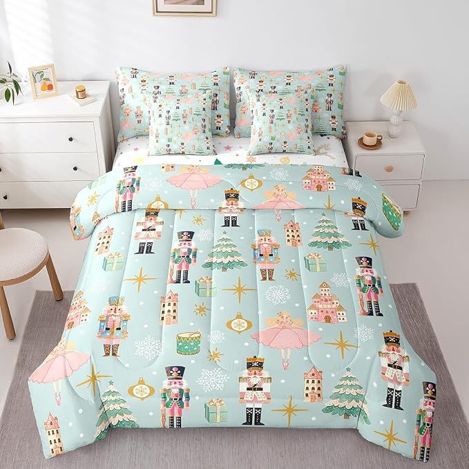 Erosebridal 7Pcs Green Christmas Comforter Set Twin,Xmas Tree Nutcracker Bedding Set,Pink Princess Bed in A Bag for Girls Women,Winter Xmas Holiday Christmas Ornaments Quilt with Flat Fitted Sheet by Erosebridal