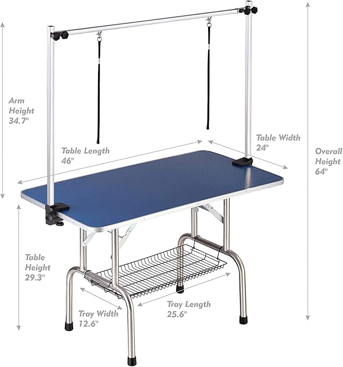 46" Dog Grooming Table Foldable Pet Grooming Tables with Adjustable Arm Noose Storage Mesh Tray Maximum Capacity Up to 330lbs Blue - Image 2
