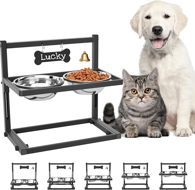 Elevated Dog Bowls for Medium and Small Dogs, 5 Adjustable Height, Raised Dog Bowl Stand with 2 Stainless Steel Dogs Food Bowls, Metal Strong Pet Bowls Elevated by ADENGL