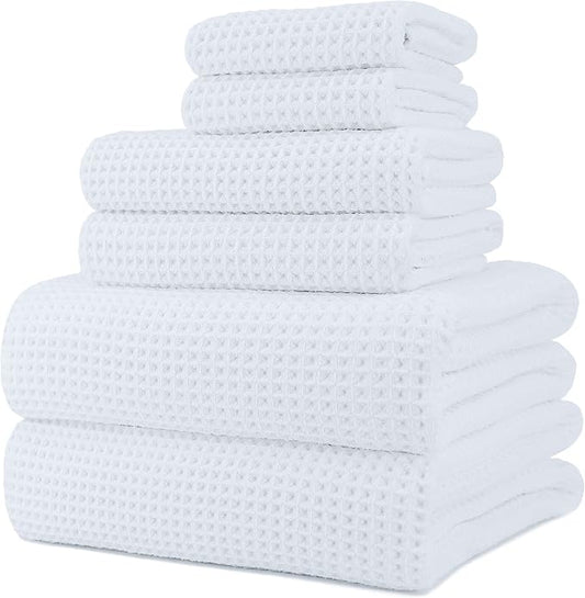 POLYTE 430 GSM Microfiber Quick Dry Lint Free Oversize Bath Towel Set, 6 Piece (Waffle Weave) by Polyte