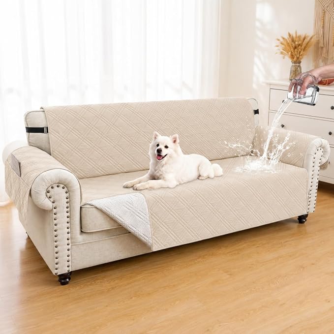 100% Waterproof Couch Cover for Dogs, Washable Anti-Slip Sofa Cover with Elastic Straps & Side Pockets, Quilted Furniture Protector for Kids & Pets (3 Cushion 68", Beige) by Unknown