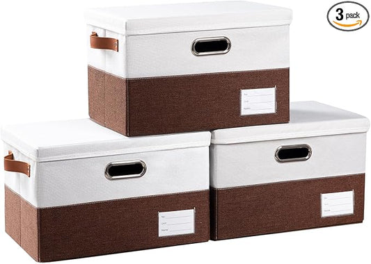 PRANDOM Foldable Storage Bins with Lids [3-Pack] Fabric Collapsible Storage Boxes Baskets Cubes Containers with Handles for Closet Living Room Bedroom (Brown & White 14.9x9.8x9.8'') by Prandom