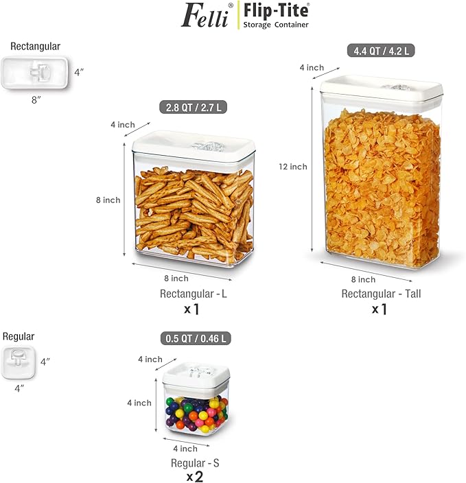 Felli Flip Tite Storage Container with Lid 4" RECTANGULAR Air Tight Ring Flip Top, Stackable Acrylic Canister for Kitchen Counter Pantry, Cereal Granola Pasta Spice, Christmas Gift (4pk, Variety) - Image 4