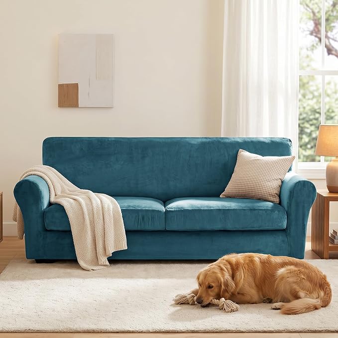 XINEAGE 3-Piece Velvet Sofa Cover,Couch Covers for Dog,Peacock Blue | 2 Cushion Sofa,Stretch Non-slip Elastic, Pet-friendly, Washable, Fast Setup, Soft Plush Fabric, Furniture Protector. - Image 4