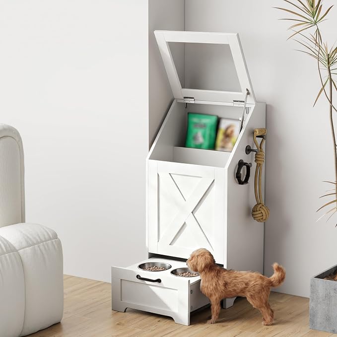 Dog Feeding Station with Storage Cabinet and 2 Elevated Dog Bowls, Hidden Pet Food Storage Organizer for Dog &Cat,Modern Dogs Furniture (White) - Image 4