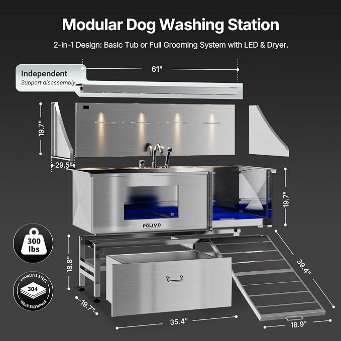 POLIMO Dog Washing Station with LED Display 61" (Right Ramp), 304 Stainless Steel Dog Bathtub for Large, Medium & Small Dogs, Professional Grooming Tub with Faucet, Storage Drawer, Floor Grate, Window - Image 4