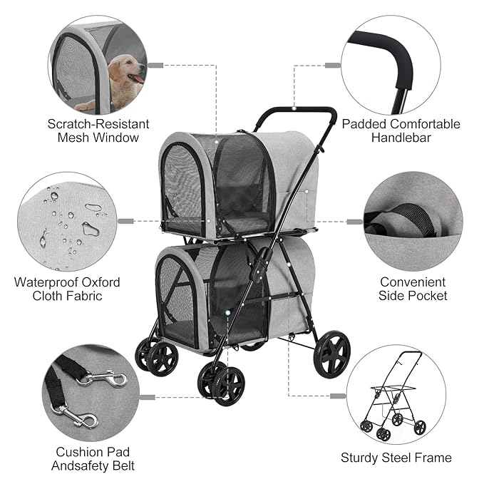 Double Pet Stroller for Dogs and Cats with 2 Detachable Carrier, Quick-Folding Dog Stroller for Medium Small Dogs Cats, 4 Wheels, Light Gray