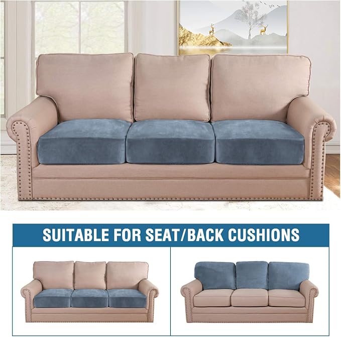 H.VERSAILTEX Velvet Stretch Couch Cushion Cover Plush Cushion Slipcover for Chair Loveseat Sofa Cushion Furniture Protector Seat Cushion Sofa Cover (2 Piece Large Sofa Cushion Covers, Stone Blue) - Image 3