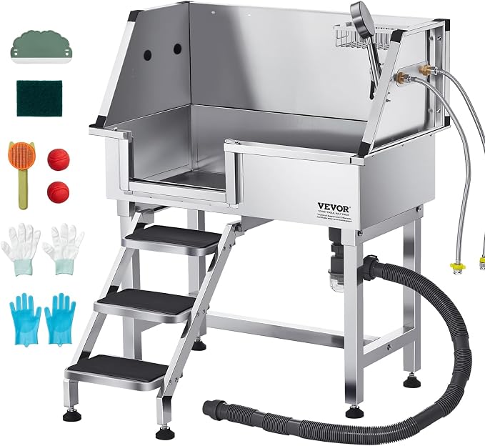 VEVOR Professional Dog Washing Station, 34 Inch Stainless Steel Pet Grooming Tub with Hot Cold Faucet, Adjustable Showerhead, Non-Slip Stairs & Side Sink, for Small to Medium Dogs and Cats (Left Door) by VEVOR
