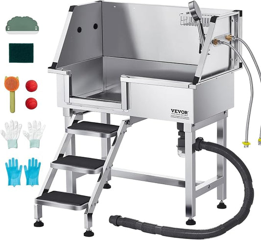 VEVOR Professional Dog Washing Station, 34 Inch Stainless Steel Pet Grooming Tub with Hot Cold Faucet, Adjustable Showerhead, Non-Slip Stairs & Side Sink, for Small to Medium Dogs and Cats (Left Door) by VEVOR