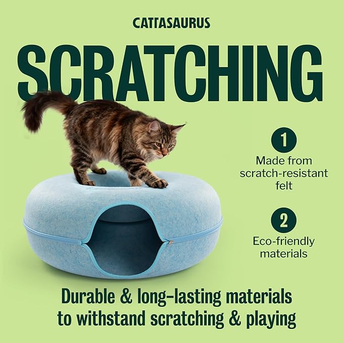 Cattasaurus Peekaboo Cat Cave Donut for Multiple & Large Cats up to 30-45 lbs, 3-in-1 Self Warming Cat Bed, Tunnel & Scratcher for Indoor Cats, Washable & Detachable Small Dog Bed (Blue, Jumbo) - Image 5