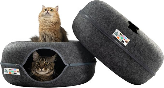 Cattasaurus Peekaboo Cat Cave Donut for Multiple & Large Cats up to 30-45 lbs, 3-in-1 Self Warming Cat Bed, Tunnel & Scratcher for Indoor Cats, Washable & Detachable (Dark Gray + Dark Gray, Large) by Cattasaurus
