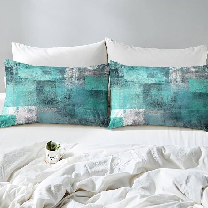 Erosebridal Teal Bed Sheets Set for Kids Boys Girls,Mid Century Sheet Set Full,Oil Painting Sheets,Watercolor Ombre Abstract Art Flat Fitted Sheet with 2 Pillowcases Bedroom Decor - Image 5