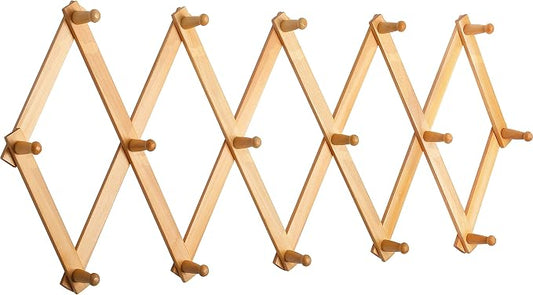SKOLOO Accordion Wall Hanger with 16 Hooks, Modern Expandable Coat Rack Hat Rack for Wall, Solid Wooden, Natural Color by SKOLOO