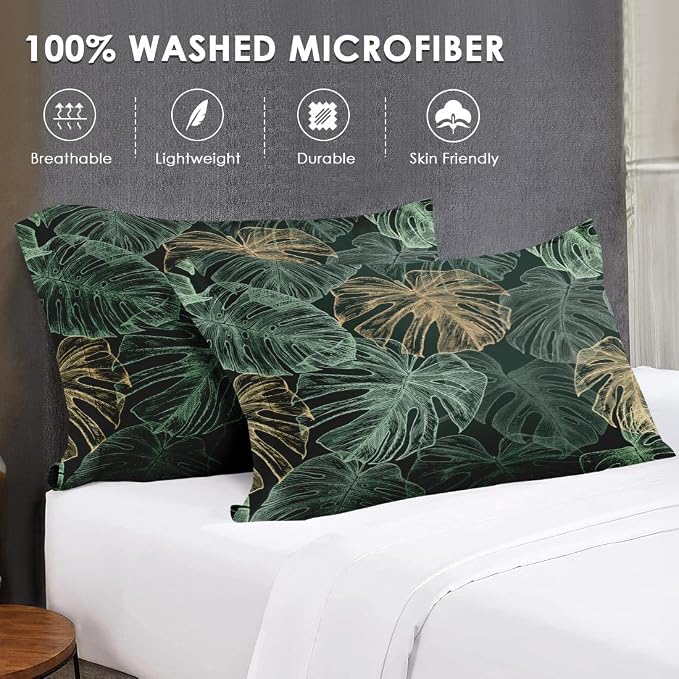 WeCozy King Size Bed Sheet Sets with Pillowcases, Green Tropical Leaves 4 Pcs Soft Microfiber Bedding Set for Kids and Adults, Monstera Palm Tree Flat Sheet, Fitted Sheet for Bedroom Bed Decor - Image 7