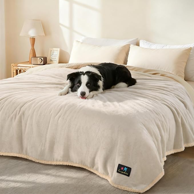 Luciphia Waterproof Pet Blankets, Liquid Pee Proof Dog Blanket for Sofa Bed Couch, Reversible Sherpa Fleece Furniture Protector Cover for Small Medium Large Dogs Cats, Dark Beige King Size（100" x 85"） - Image 9