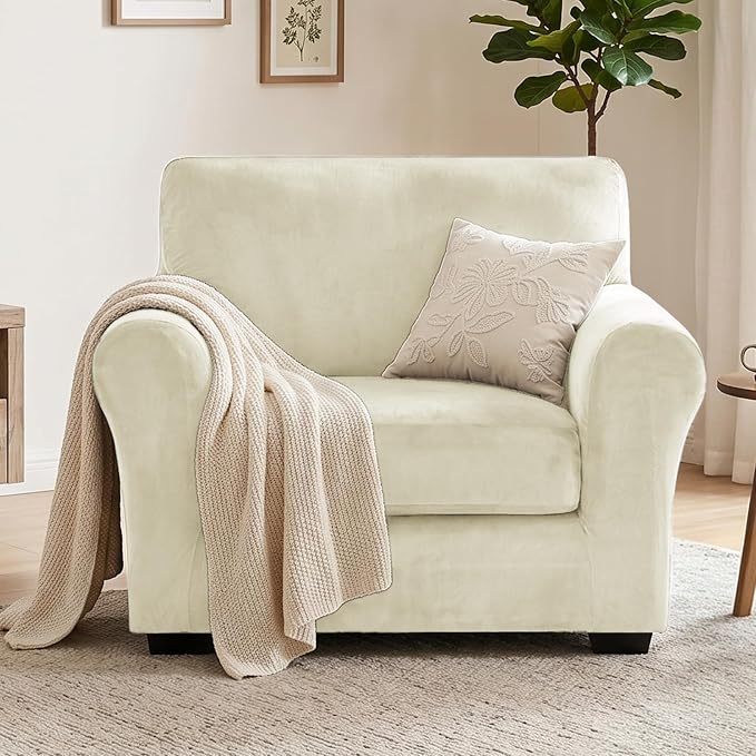 XINEAGE 2-Piece Velvet Armchair Sofa Cover, Couch Covers for Dog,Beige | 1 Cushion Chair,Stretch Non-slip Elastic, Pet-friendly, Washable, Fast Setup, Soft Plush Fabric, Furniture Protector. - Image 4