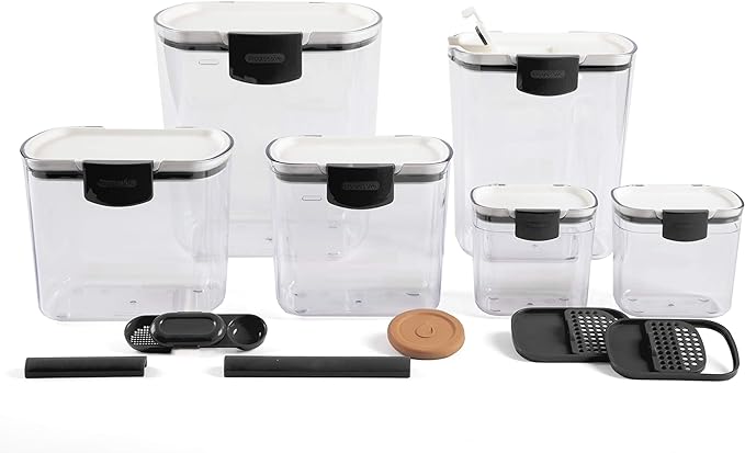 Progressive ProKeeper Baker's Airtight Kitchen Storage Canister Container Set for Flour, Sugar & More, Keeps Ingredients Fresh, with Accessories (Black Latches, 6- Piece) by ProgressiveInternational