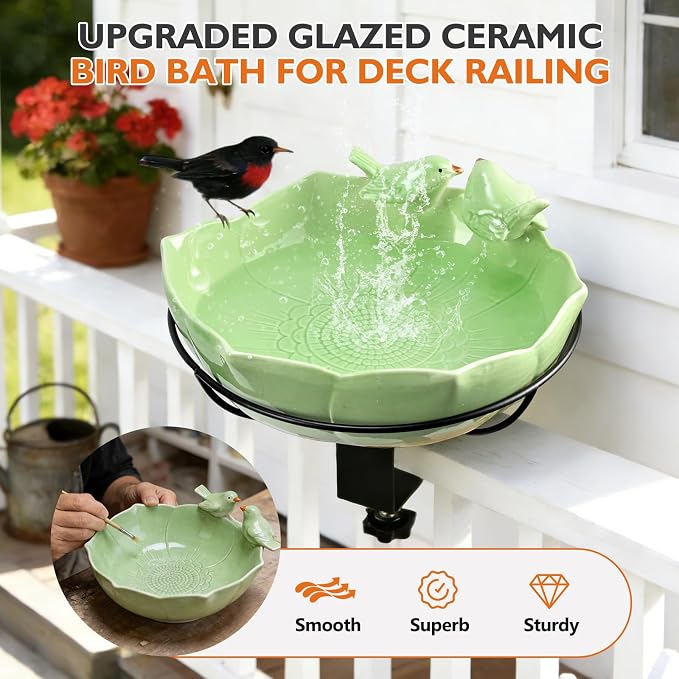 Glazed Ceramic Bird Bath for Deck Railing, 11 Inch Outdoor Bird Feeder Bowl with Adjustable Clamp, Easy Install Balcony/Patio Birdbath for Outside Garden Backyard Decoration, Green - Image 2