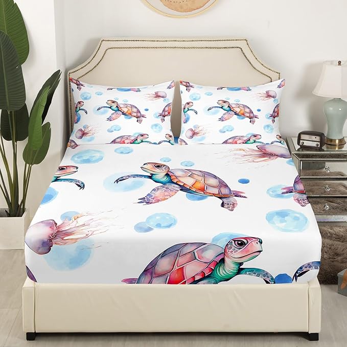 Tropical Sea Turtle Fitted Sheet & Pillow Sham Set, Coastal Printed 4 Piece Soft Bedding Decor Set with Flat Sheet, Queen, Blue Red White - Image 3