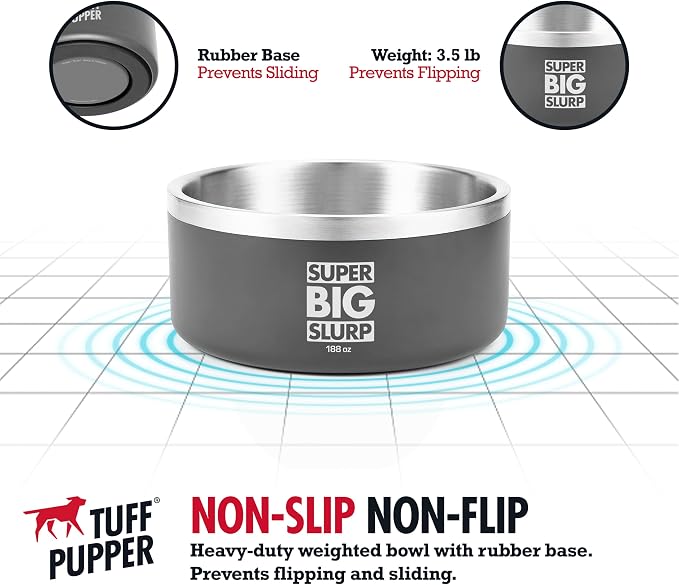 Tuff Pupper Heavy Duty Insulated Dog Bowl | Double Wall Stainless Steel Dog Food Dish | Non-Slip Spill Proof Dishwasher Safe Cat Bowl | Water Dish for Feeding Large Medium Small Pets (188oz, Grey) - Image 5