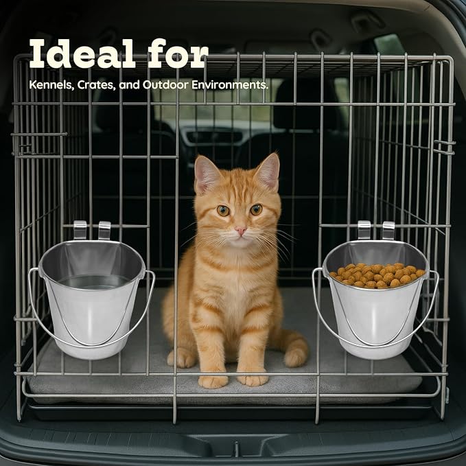 2 Quart Stainless Steel Flat Sided Bucket with Dual Hooks | 2 Pcs Durable Food & Water Bowl for Dog Cats Bird & Small Animals | Fits kennel Cage Crates Hanging Pet Pail | Multipurpose use - Image 6