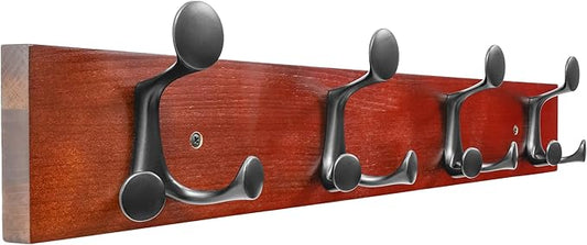 SKOLOO 24-Inch Cherry Wood Coat Rack Wall Mount with 4 Triple Hooks - Ideal for Family Entrances, Classrooms, and Pet Supplies Storage - Perfect Coat Hooks for Wall by SKOLOO