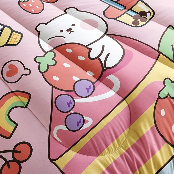 QOOMO Kawaii Bear Comforter Twin, Pink Set for Kids Teens Girls, 3Pcs Bedding With 2 Pillowcases, Down Alternative, Soft and Lightweight, Twin Size - Image 5