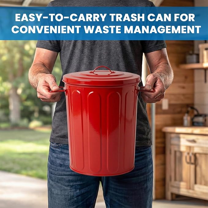 Plexon 5 Gallon Small Metal Trash Can with Lid Outdoor Galvanized Steel Bucket with Lid 5 Gal Storage Can for Dog Food Bird Seed Storage Container, Red 6 Pack - Image 4