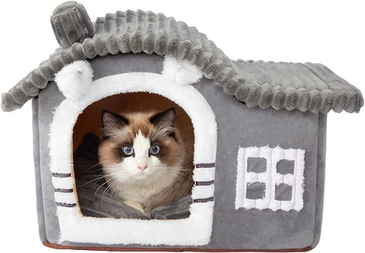 Jiupety Bear Cat Houses for Indoor Cats, Chimney Cute Cat Bed Cave, Enough Interior Space, Cartoon Soft Pet House Up to 3-10 lbs Kitten, Gray by JIUPETY