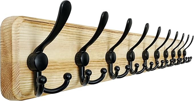 Dseap Coat Rack Wall - Heavy-Duty 38-1/4" Long, with Reinforced 10 Custom Tri-Hooks, Solid Wood Wall Hanger for Coats Hat Jackets - Rustic Farmhouse Entryway Hallway Storage, Light Brown & Black by Dseap