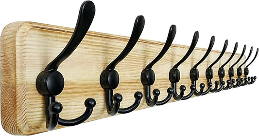Dseap Coat Rack Wall - Heavy-Duty 38-1/4" Long, with Reinforced 10 Custom Tri-Hooks, Solid Wood Wall Hanger for Coats Hat Jackets - Rustic Farmhouse Entryway Hallway Storage, Light Brown & Black by Dseap
