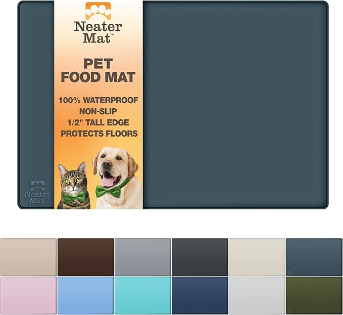 Neater Pet Brands Neater Mat Pet Mats for Food and Water, Cat & Dog Bowl Mat Waterproof Silicone, Feeding Tray, Dog Food Mats for Floors, Placemat w/Raised Edge for Under Bowls, 16” x 10”, Slate Blue by NeaterPetBrands