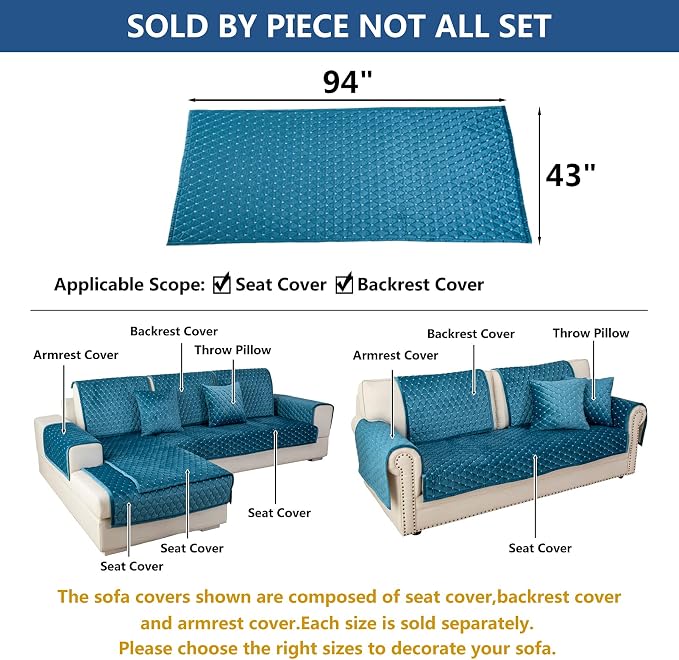Eismodra Couch Cover,Sectional Couch Covers,Sofa Covers for 3 Cushion Couch,Anti-Slip Sofa Slipcovers for Dogs Cats Kids Loveseat Recliner L Shaped Armrest Backrest,Blue 43''x94''(Only 1 Piece) - Image 5