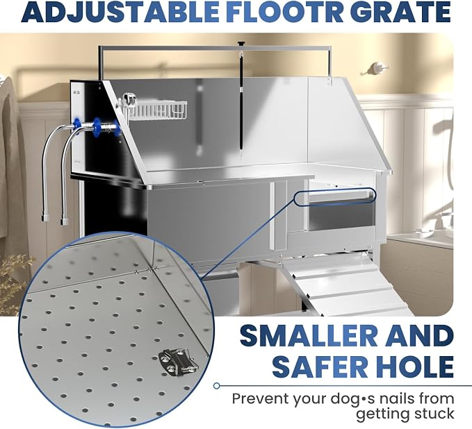 46" Dog Washing Station for Home,Stainless Steel Professional Dog Bathing Station Height Adjustable D og Grooming Tub Ramp, Drawer, Floor Grate & Fauct (R Ramp) - Image 4