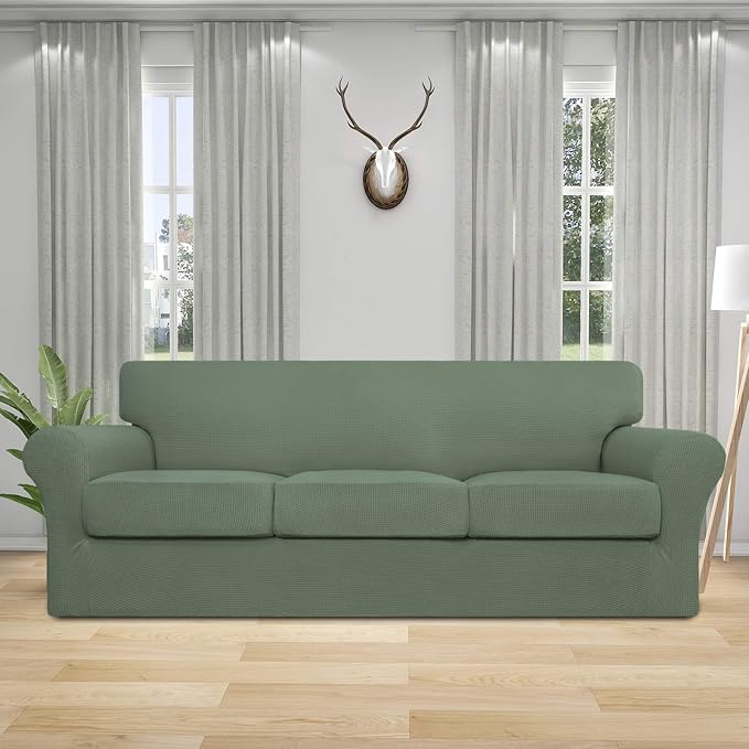 Easy-Going 4 Pieces Stretch Couch Cover Sofa Cover for Dogs Washable Sofa Slipcover for 3 Separate Cushion Couch Spandex Jacquard Fabric Elastic Furniture Protector for Pets, Kid(Greyish Green, Sofa) - Image 2