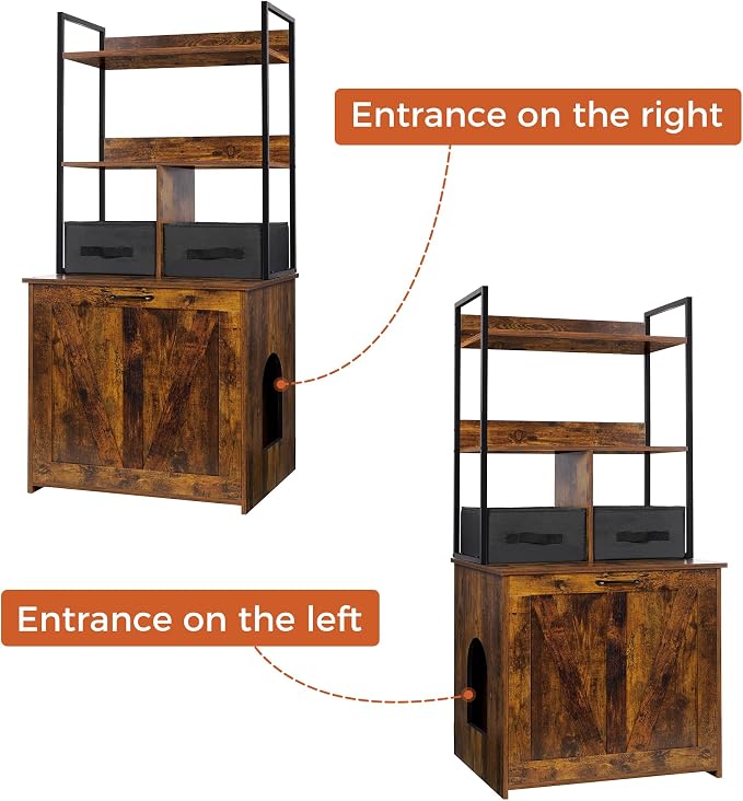 Dwanton Litter Box Enclosure with 2 Storage Shelves and 2 Drawers, 2-in-1 Hidden Cat Litter Box Enclosure Furniture with Shelf, Reversible Entrance, Washable Drawers, 50-Inch, Rustic Brown - Image 4