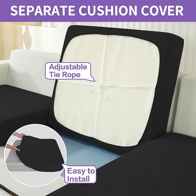 ZNSAYOTX 4 Piece Stretch XL-Sofa Covers (91"-110") for 3 XL Cushion Couch, Thick Couch Cover with Elastic Band Bottom Ties Non-Slip Stay in Place, Soft Durable Oversized Slipcovers, Black - Image 4